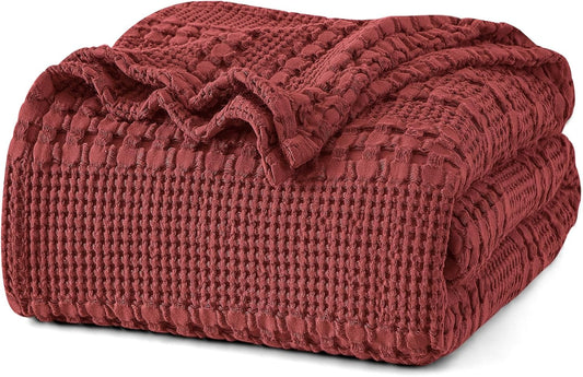 PHF 100% Cotton Waffle Weave Blanket King Size, Soft Lightweight Breathable Cozy Summer Blankets for Bed, Luxury Aesthetic Woven Bedding for Home Decor, 108"x90", Wine Red