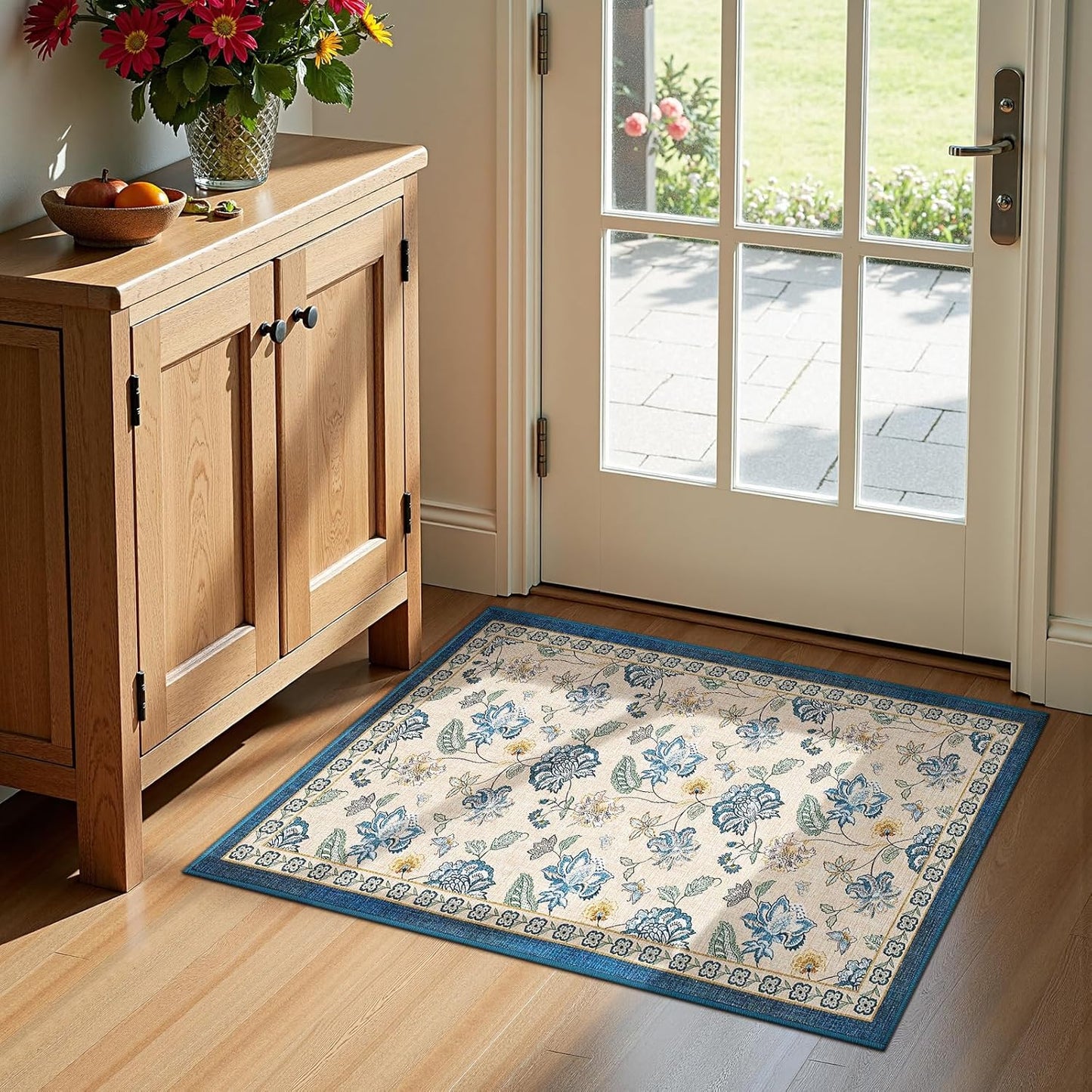 jinchan 2x3 Floral Rug for Entryway Washable Kitchen Rug Vintage Romance Design Small Mat Non Slip Indoor Doormat Lightweight Low-Profile Throw Carpet for Entrance Bathroom Laundry Room, Blue/Beige