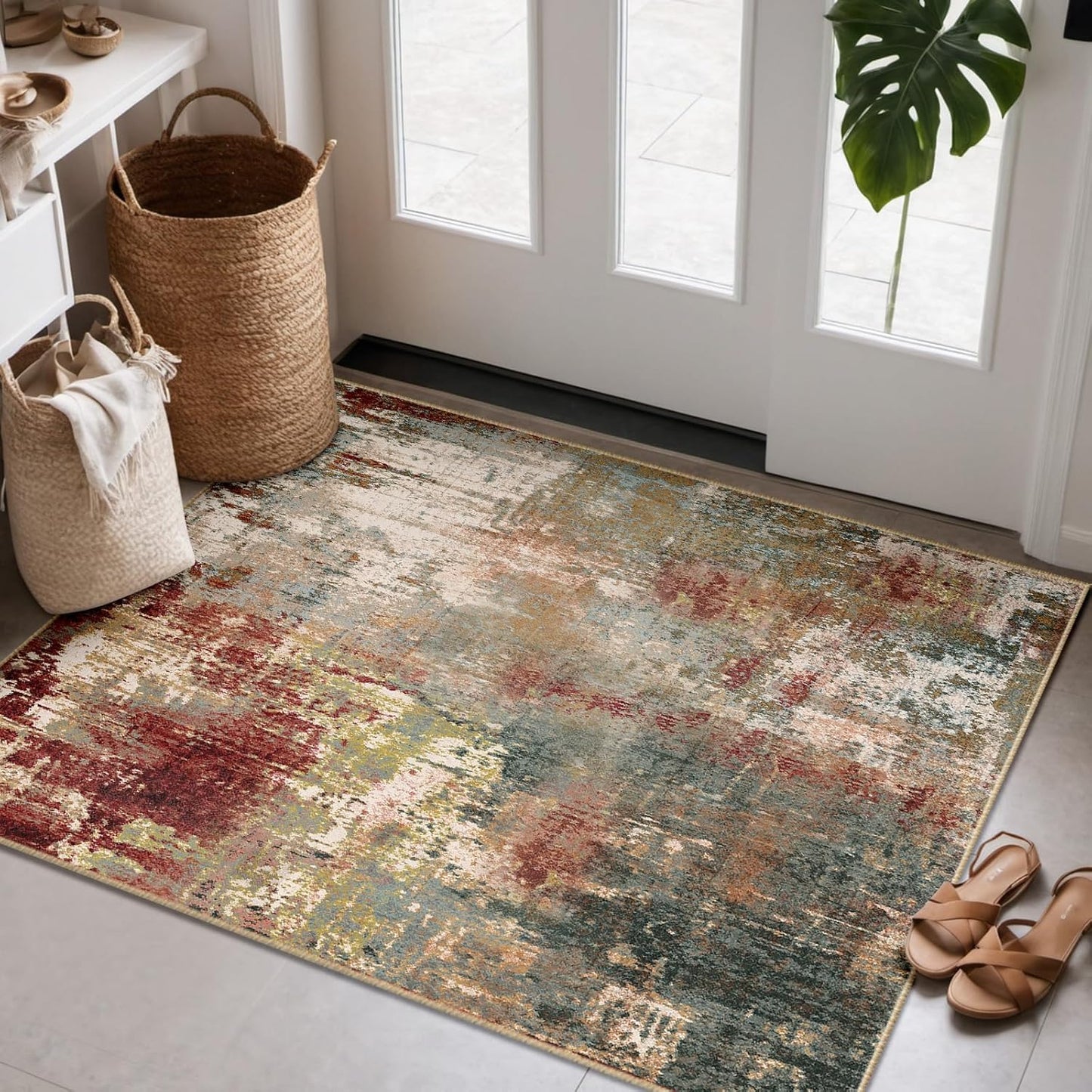 Washable Area Rugs 3'x5' Non-Slip Modern Abstract Soft for Living Room Entryway Bedroom Nursery, Print Pattern, Brown Rust Red Multi