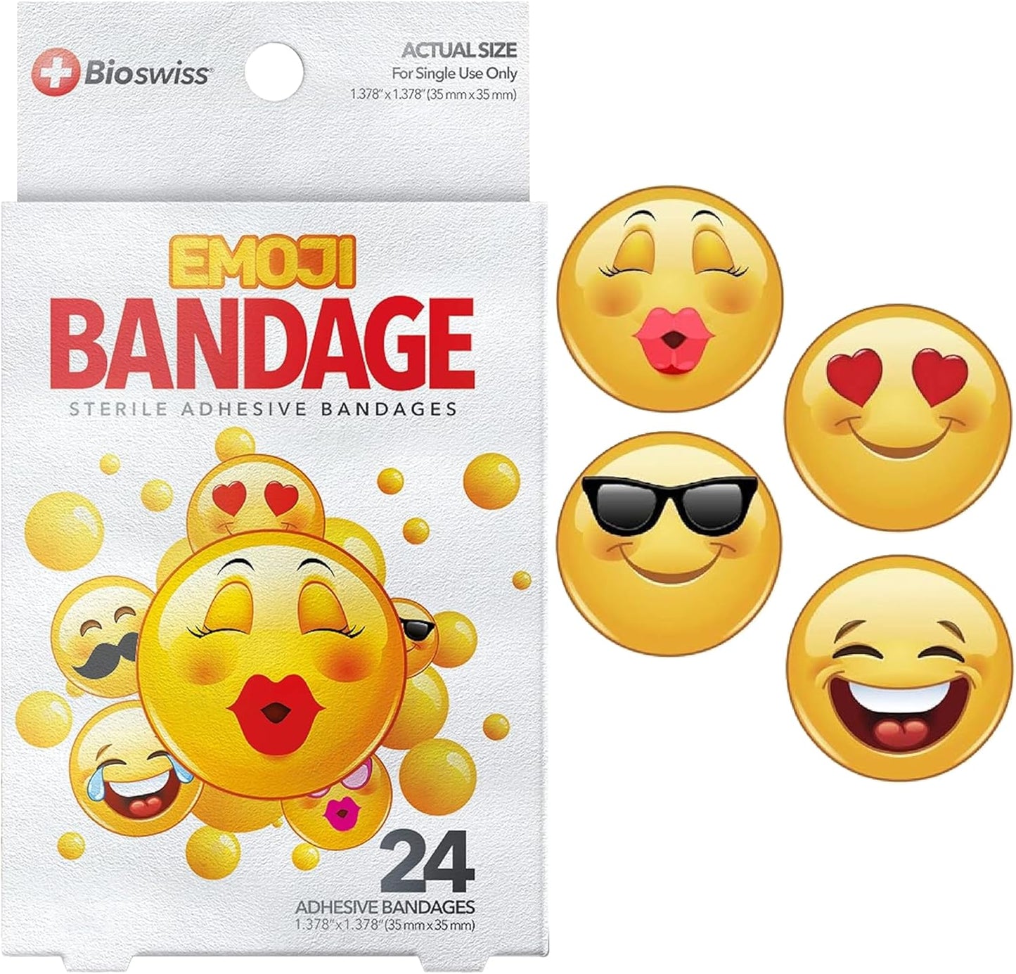 BioSwiss Bandages, Emoji Shaped Self Adhesive Bandage, Latex Free Sterile Wound Care, Fun First Aid Kit Supplies for Kids, 24 Count