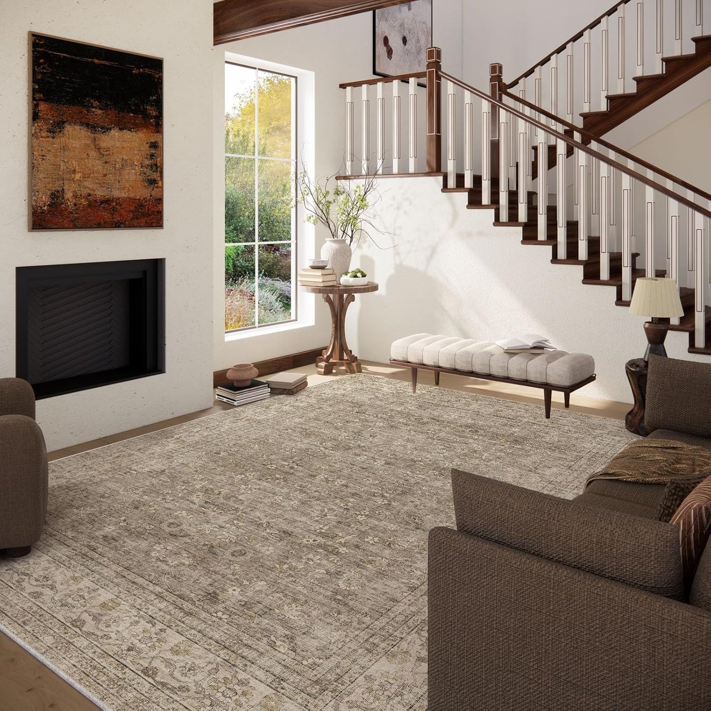 Machine Washable Rugs for Living Room: 9x12 Area Rugs for Bedroom Vintage Stain Resistant Non Slip Low Pile Lightweight Boho Carpet for Kitchen Dining Room Farmhouse Kids Room Nursery