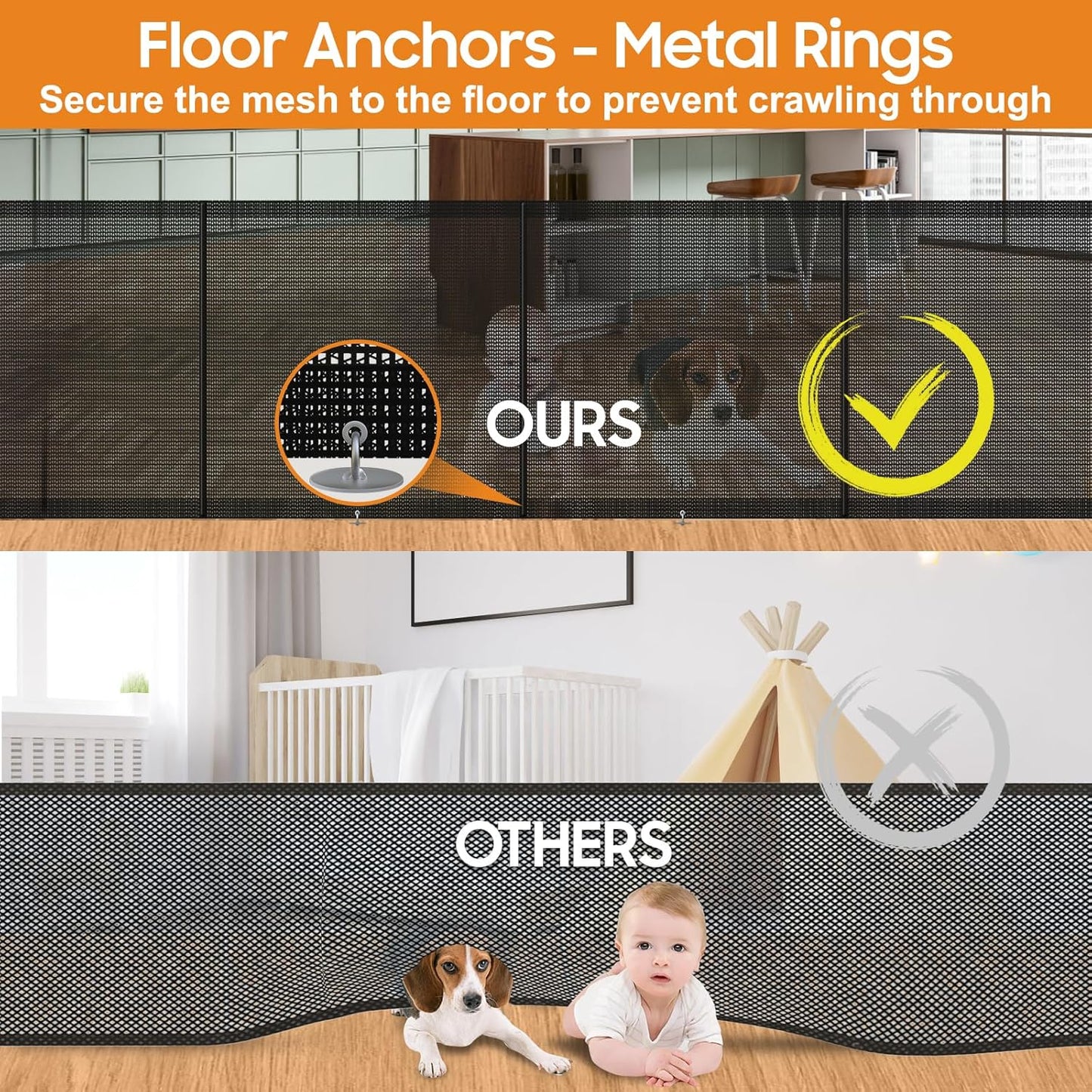 Retractable Baby Gates - 200" Extra Wide Retractable Dog Gate, 42" Extra Tall Mesh Gate Pet Gate with Support Rods, Long Child Safety Gate for Stairs Doorways Indoor Outdoor Large Openings - Black