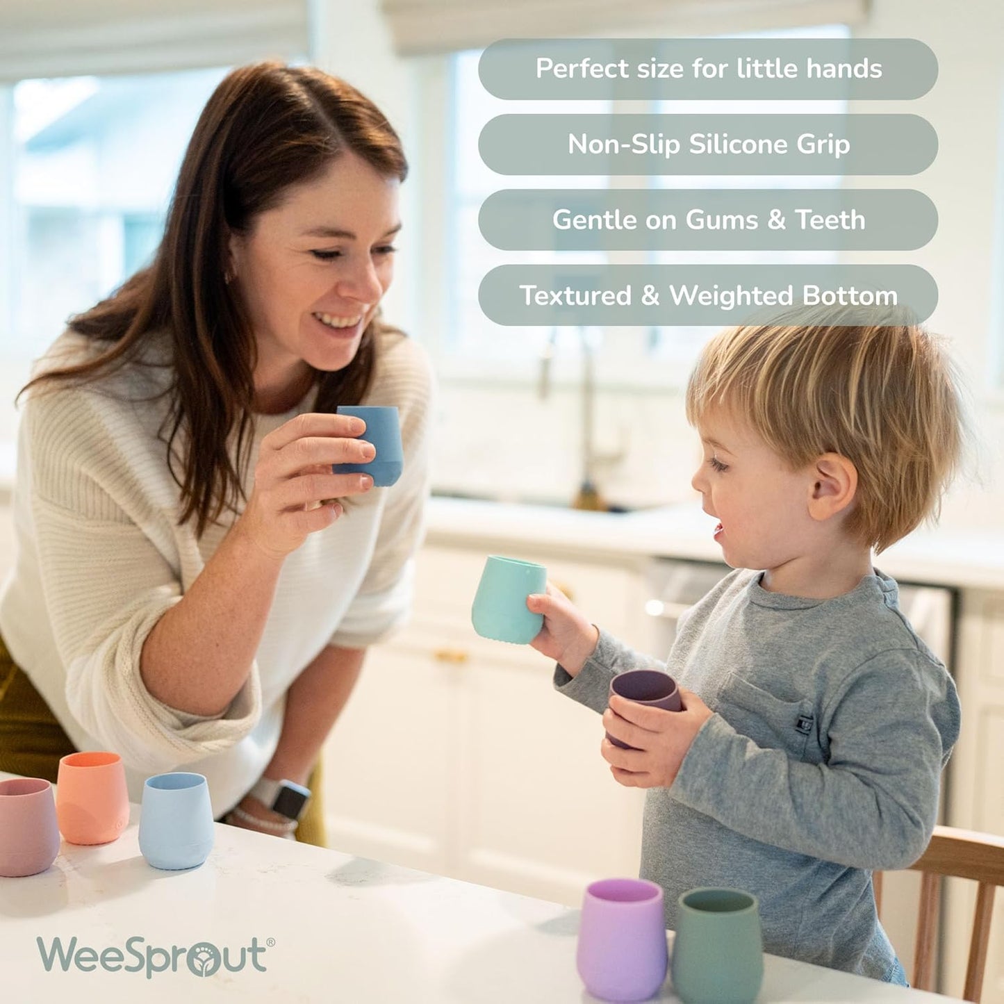 WeeSprout Silicone Baby Training Cups - Set of 2 Soft Silicone Cups - 2 oz Open Cup for Baby 6+ Months - Non-Slip Grip, Weighted Base - Gentle on Gums & Teeth (Pastel Blue & Pastel Coral)