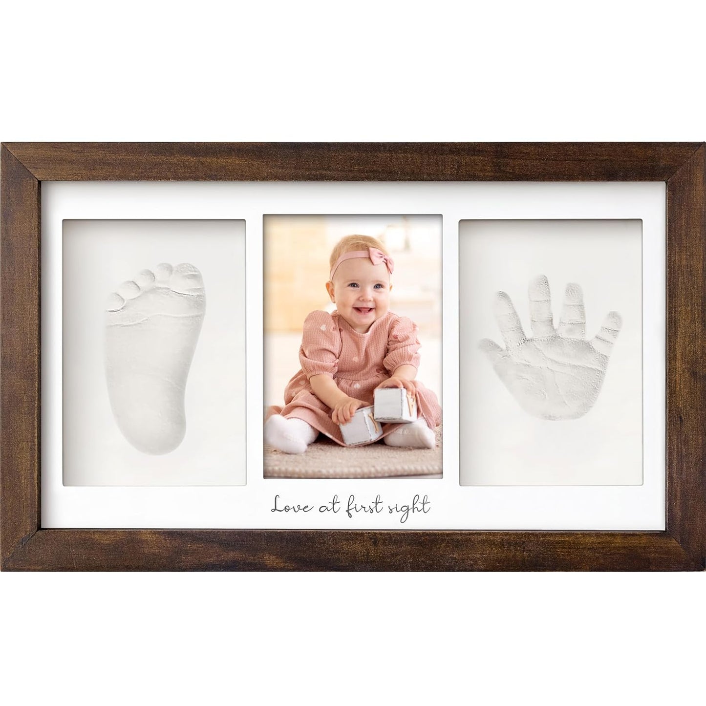 Baby Hand and Footprint Kit - Clay Handprint Keepsake Frame, Newborn Nursery Picture Frame, Personalized New Mom Gifts for Baby Shower & Registry (Dark Walnut)