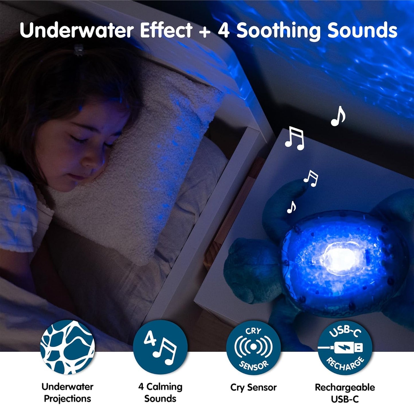 Cloud b Tranquil Turtle Aqua - White Noise Machine Baby, Baby Night Light & Portable White Noise Machine - Soothing Ocean Waves & Underwater Melodies, Cry Sensor, Rechargeable, Eco-Friendly