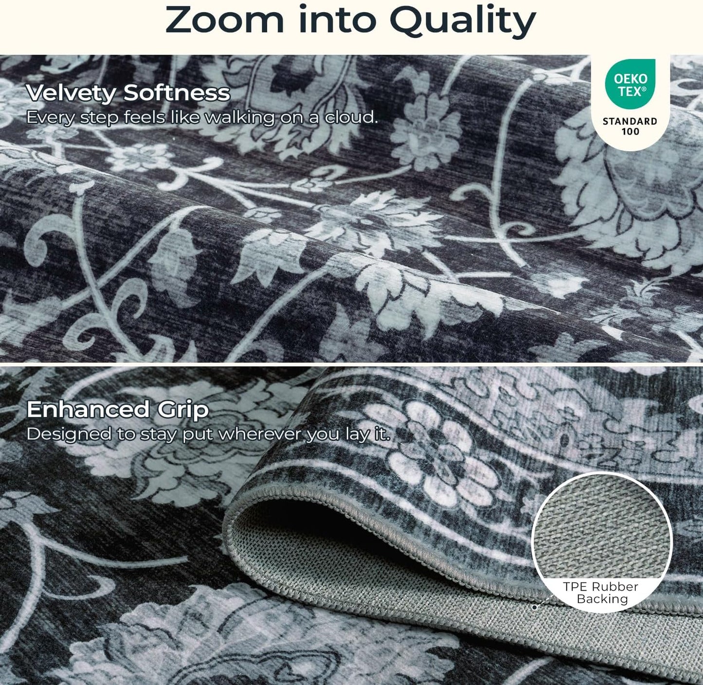 Area Rug 5x7 for Living Room & Bedroom, Large Washable Rugs, Soft & Non Slip, Vintage Carpet, Low Pile Wool Carpets for Indoor Under Table Dining Home Office Nursery Playroom, Black