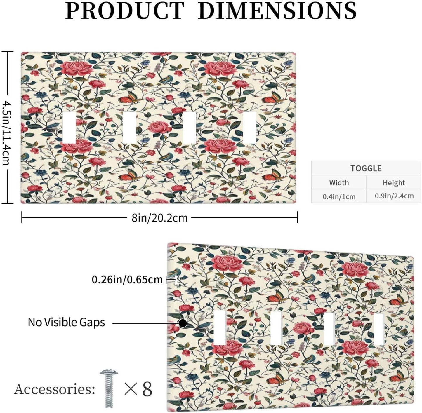 Light Switch Covers Vintage Flowers Rose Leaf Bird Butterfly Quad Toggle Electrical Faceplate 4 Gang Wall Plate Decorative Switch Plates for Bedroom living Room Decor