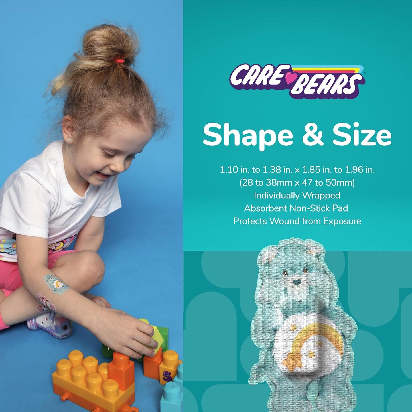 BioSwiss Care Bears Bandages, Classic Care Bear Shaped Self Adhesive Bandage, Latex Free Sterile Wound Care, Fun First Aid Kit Supplies for Kids, 50 Count