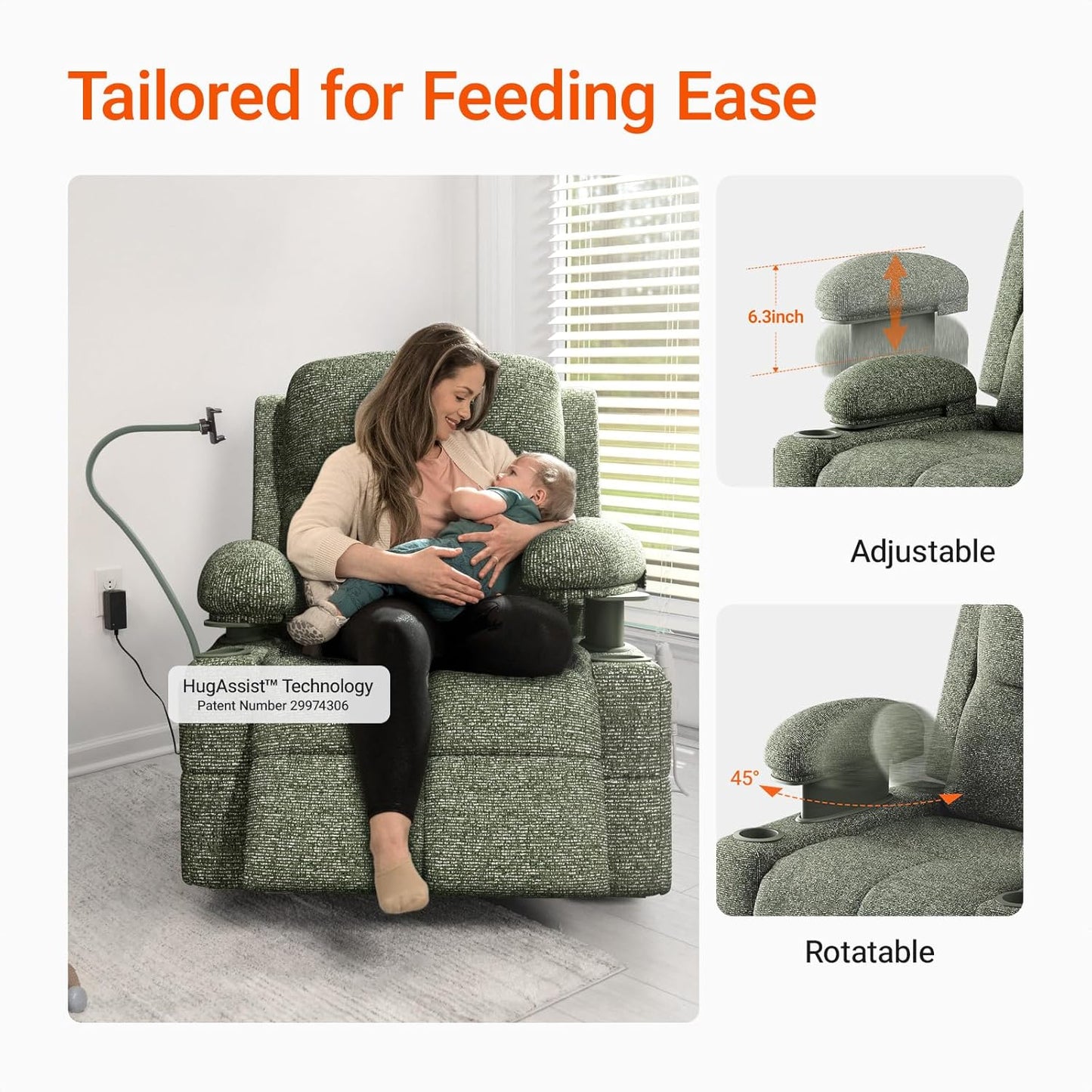 Rocking Chair Nursery with Adjustable Armrests, Electric Glider Recliner Nursing Chair for Breastfeeding, Power Swivel Recliner Chairs with USB Port and Storage, FSC Certified (Moss, Fabric)