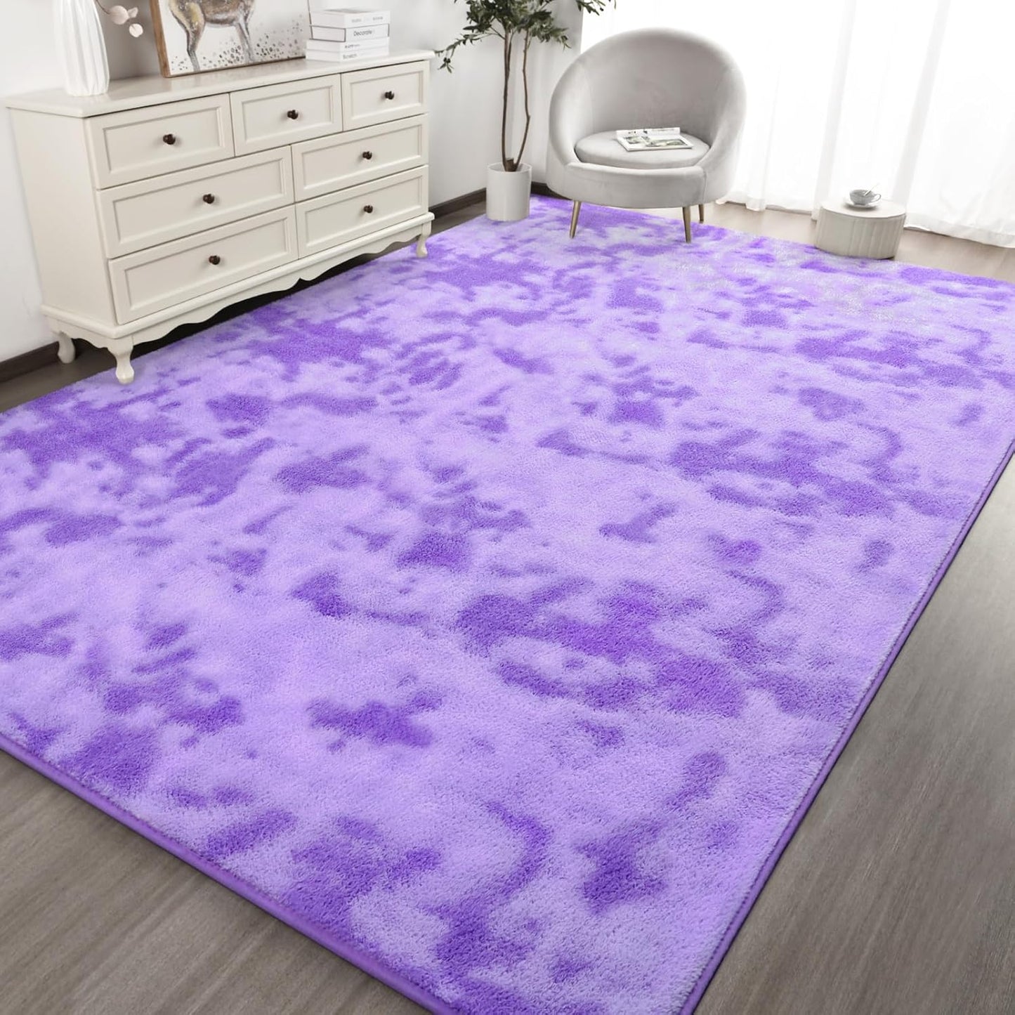 Kimicole 4x6 Washable Area Rugs for Bedroom Living Room, Low Pile Ulta-Thin Solid Color Rug, Non-Slip Soft Fluffy Carpet for Nursery Kids Room Dorm Room Home Decor (Purple)