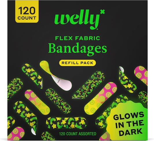 Welly Bandage Glow-in-The-Dark Refill Pack | Adhesive Flexible Fabric Bandages | Assorted Shapes and Patterns for Minor Cuts, Scrapes, and Wounds - 120 Count