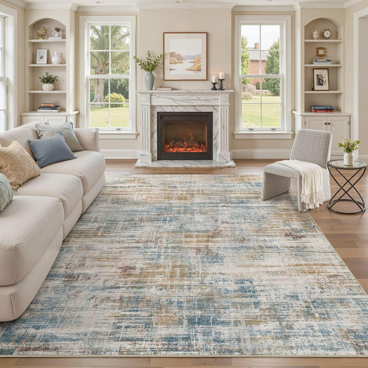 Area Rug for Living Room: 10x14 Washable Neutral Abstract Modern Soft Rugs Non Slip Indoor Floor Stain Resistant Large Carpet for Bedroom Dining Room Office Nursery - Blue Brown