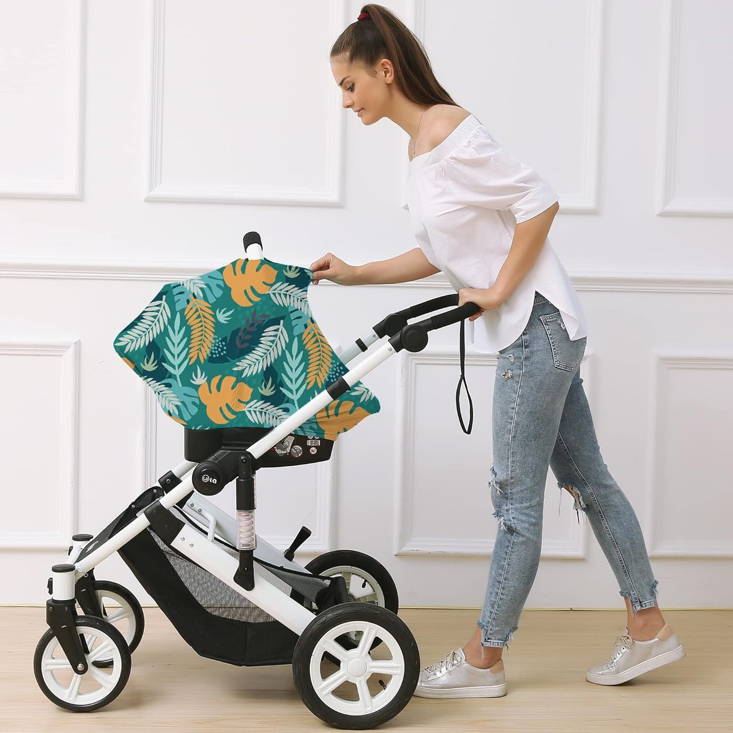 Carseat Cover Boy and Girls - Multi-use Nursing Car Seat Canopy Cover for Breastfeeding, Infant Stroller Cover, High Chair Cover (Green Leaves)