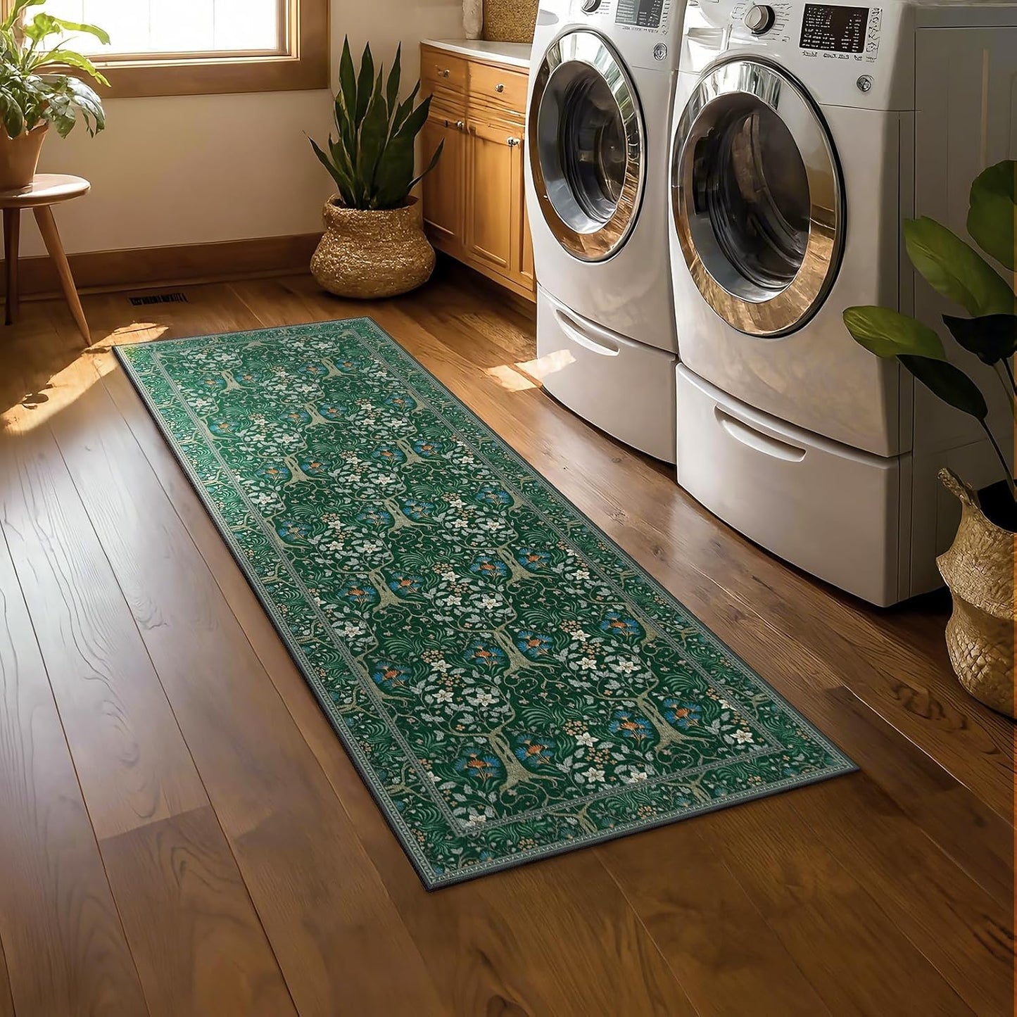Joydeco Washable Runner Rug Non Slip, Floral Kitchen Carpet Runner 2x6, Soft Low-Pile Botanical Forest Indoor Floor Door Mat for Hallway Bathroom Entryway Laundry Room, Dark Green