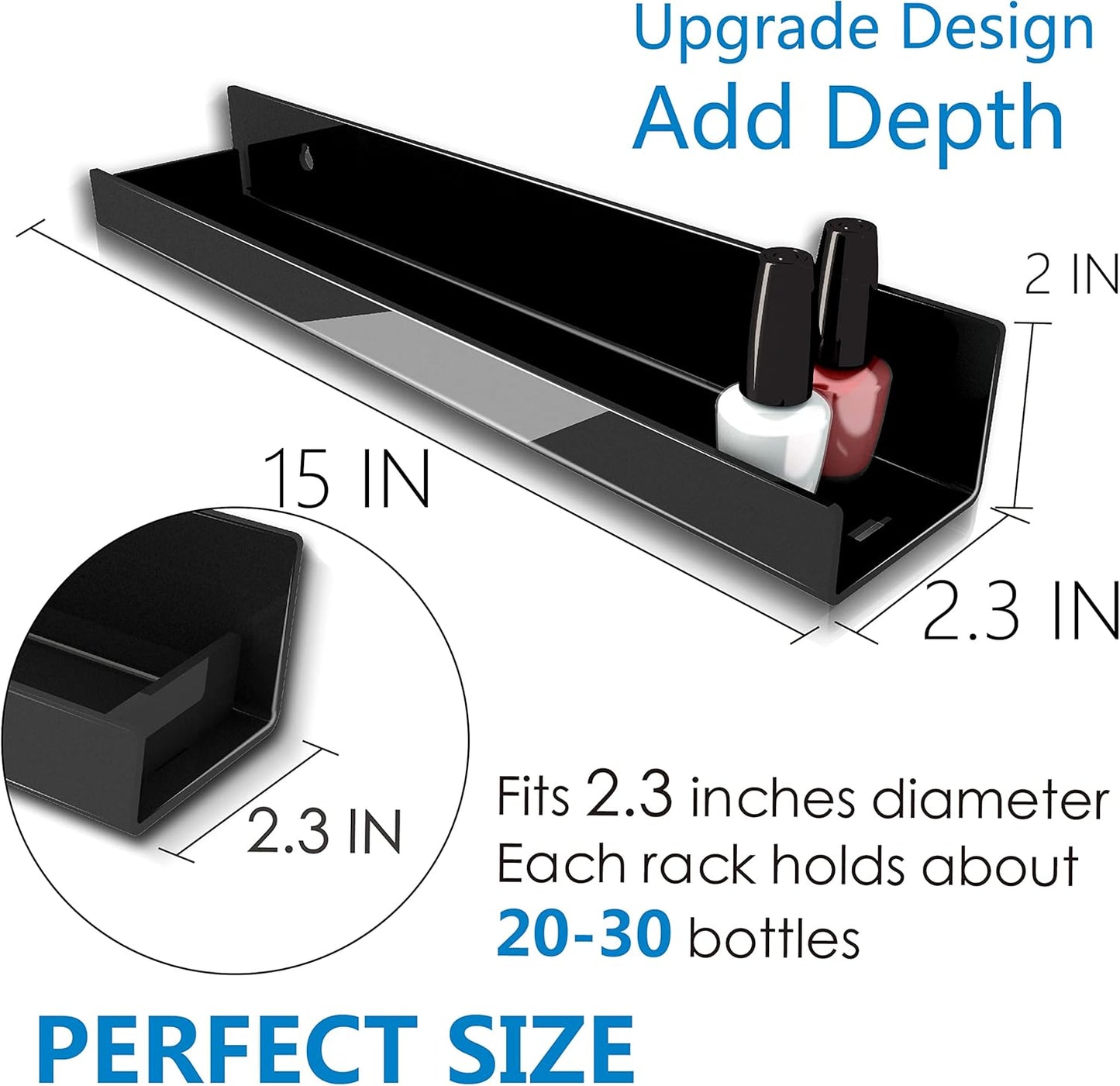 4 Pack 15 Inch Black Acrylic Shelves, Black Kids Floating Bookshelf for Kids Room, Modern Nail Polish Rack Sunglasses Essential Oil Picture Ledge Display Toy Storage Wall Shelf