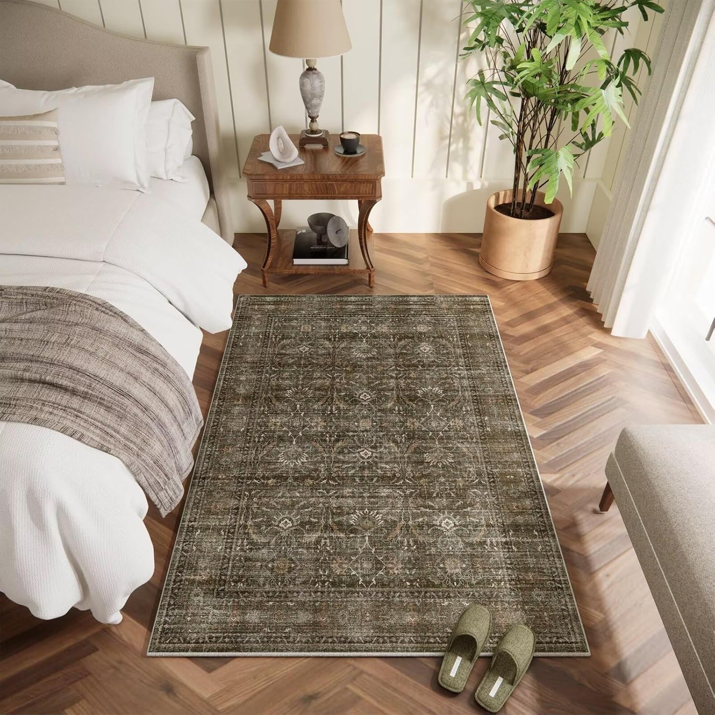 Washable 3x5 Entryway Rug Indoor, Boho Non-Slip Silicone Backing Small Rugs for Kitchen Nursery Office Bedroom, 0.3" Neutral Oriental Throw Carpet with 0.16" Cushioning Pad, Deep Brown/Multi