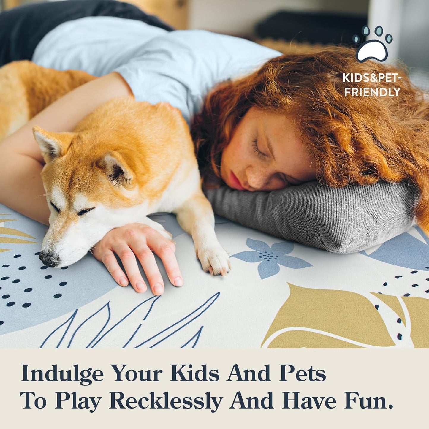 Lahome 9x12 Rugs for Living Room, Washable Non-Slip Ultra-Thin Larege Area Rug for Dining Room Table, Boho Botanical Print Indoor Soft Carpet for Bedroom Office, Blue