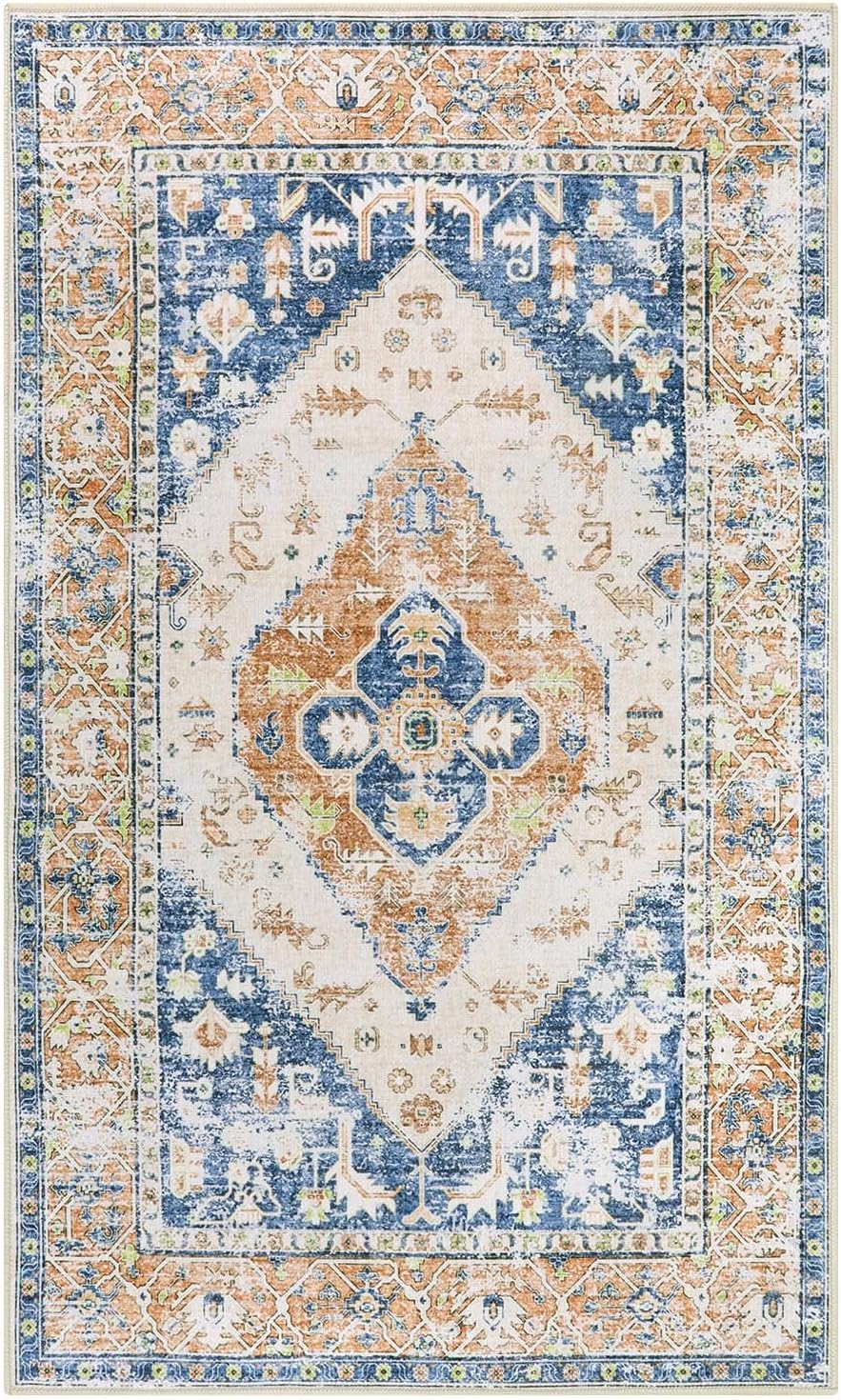 Lahome Boho Washable Living Room Rug 3x5 Throw Non-Slip Area Rug for Bedroom Lightweight Thin Rugs for Entryway Kitchen Vintage Distressed Print Aesthetic Capet for Office Bathroom Laundry Room