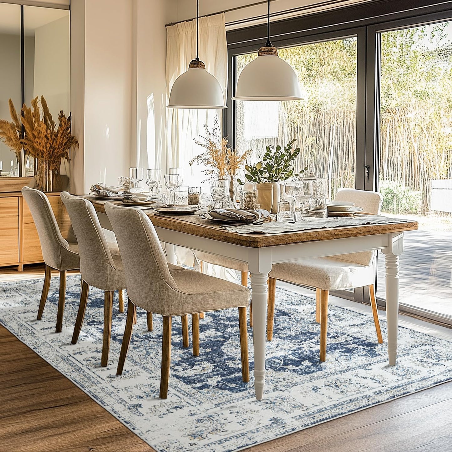 jinchan 10x12 Area Rugs for Living Room - Machine Washable Vintage Floral Distressed Design Stain Resistant Carpet Low Pile Non-Slip Large Rug for Bedroom Dining Room Home Office (10‘x12',Dark Blue)