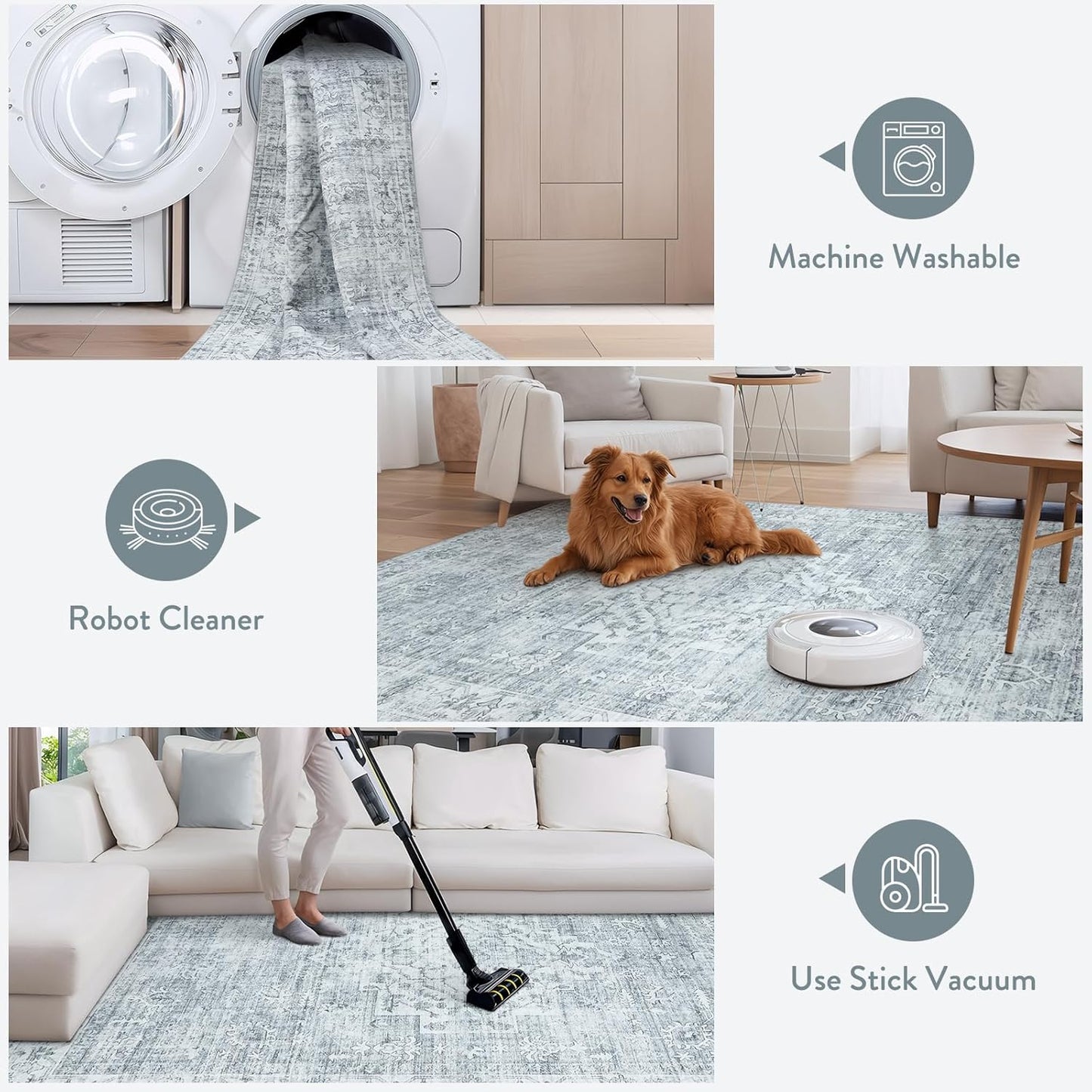 LIVEBOX Washable Area Rug 8x10 Rugs for Living Room Bedroom, Non-Slip Boho Neutral Carpet for Dining Room Office, Low-Pile Farmhouse Soft Carpets for Kids Nursery Room Playroom, Grey