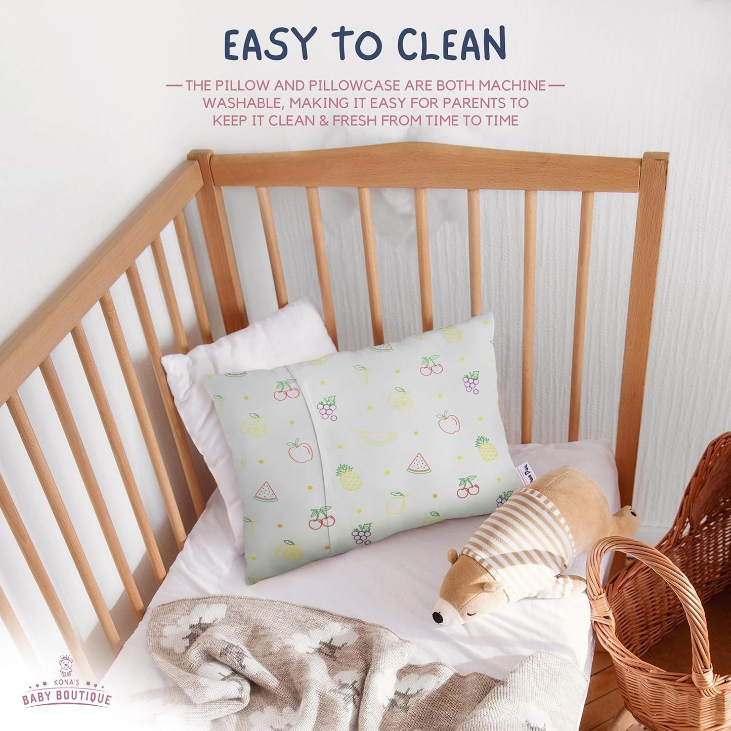 Yellow Fruits - Kona's Perfect Toddler Pillow with Softest Toddler Pillowcase - 13 x 18 inch Toddler Pillow - Toddler Pillow 2 Year Old, Toddler Pillow 3 Year Old