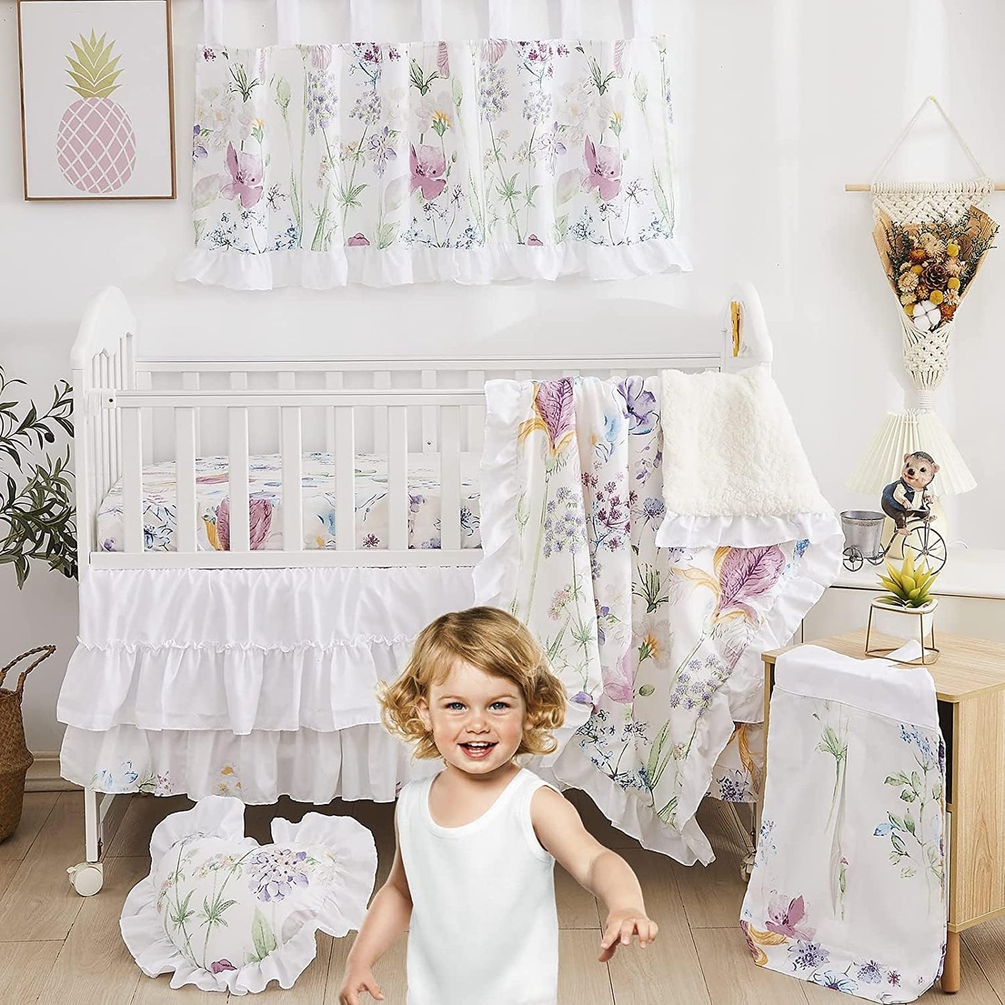 Brandream Wildflower Butterfly Crib Bedding Sets for Girls Farmhouse Baby Nursery Bedding Blanket Set Romantic Purple White, 6 Pieces