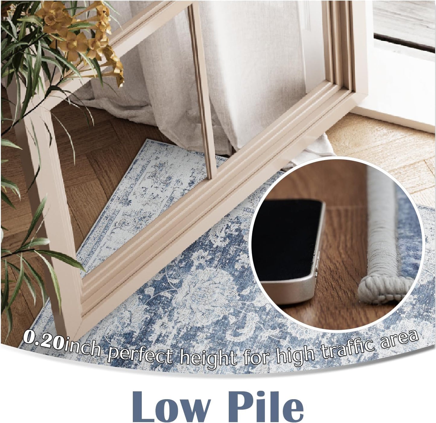 jinchan Runner Rug 2x6 Washable Hallway Runner - Vintage Floral Non Slip Low-Pile Soft Thin Kitchen Rug Distressed Carpet for Farmhouse Bedroom Entryway Laundry Room(2x6ft,Dark Blue)