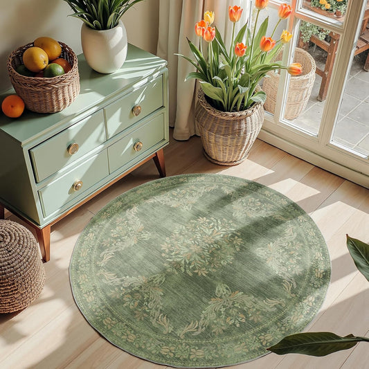jinchan Round Rug 4ft Area Rugs Vintage Floral Distressed Design,Machine Washable Soft Non-Slip Low-Pile Ultra-Thin Circle Rug for Entryway Bedside Living Room Kitchen Nursery (4' Round,Dark Green)