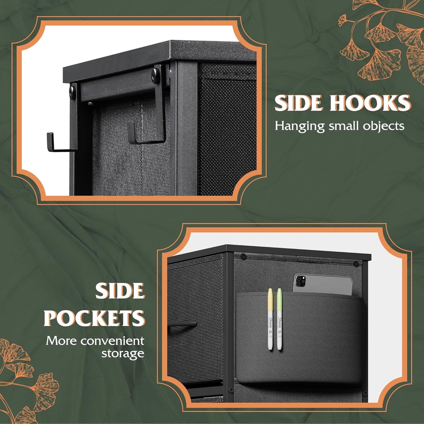 WLIVE Dresser for Bedroom with 10 Drawers, Fabric Dresser Chest of Drawers with Side Pockets and Hooks, Sturdy Metal Frame, Drawers Organizer Unit for Living Room, Hallway, Black