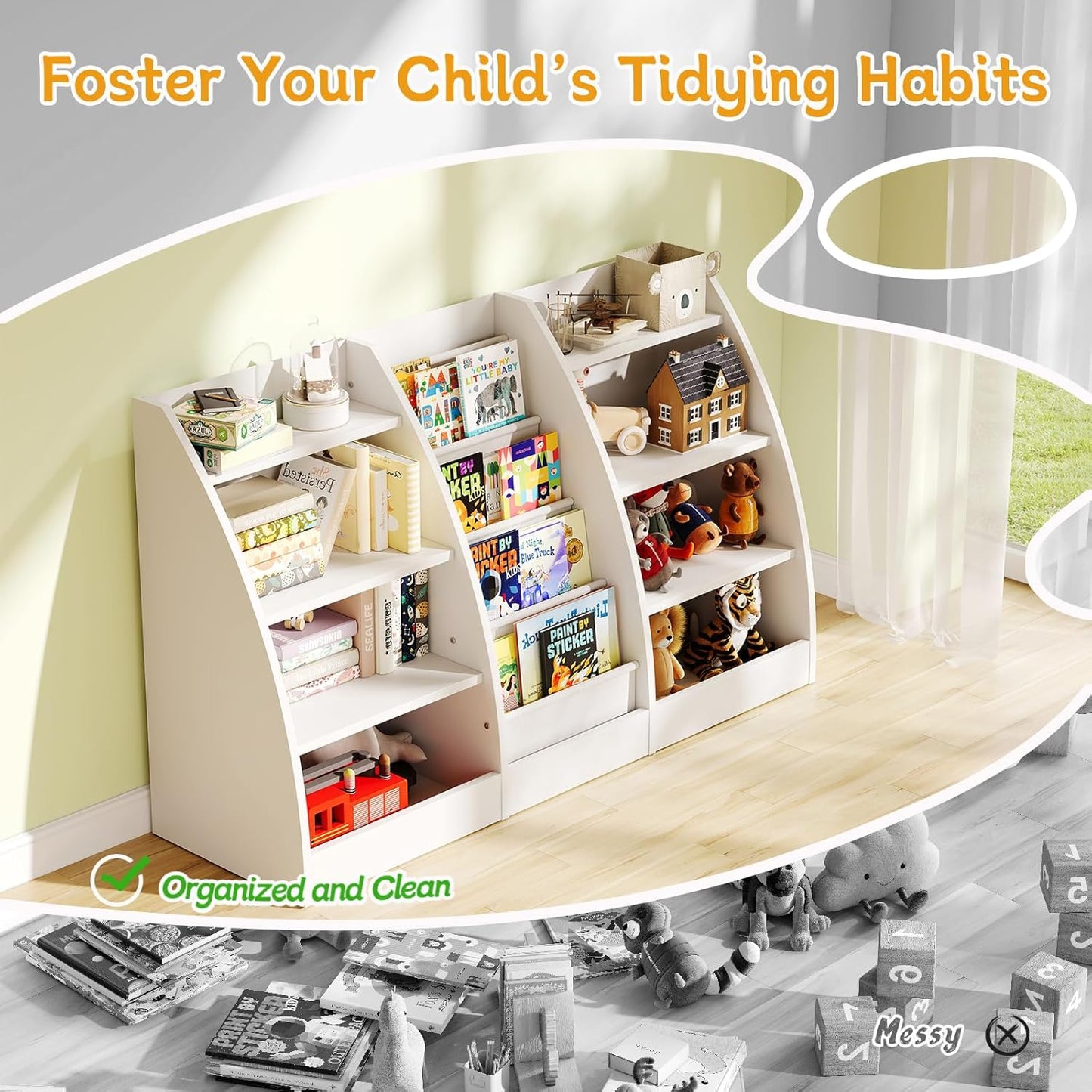 4 Tier Kids Bookshelf, 4 Layer Sling Kids Book Shelf for Kids Rooms, XXL Wood Children Bookcase,Baby Storage Book Rack,Toddler Bookshelf, Book and Toy Organizer,Book Display Shelf for Bedroom, Nursery