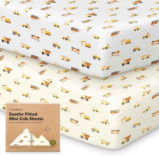 2-Pack Mini Crib Sheets Fitted - 38x26 Pack N Play Sheets for Pack and Play Mattress, Organic Cotton, Soft & Breathable Playard Bedding, Neutral Mini Toddler Bed Cover for Boys, Girls (Construction)