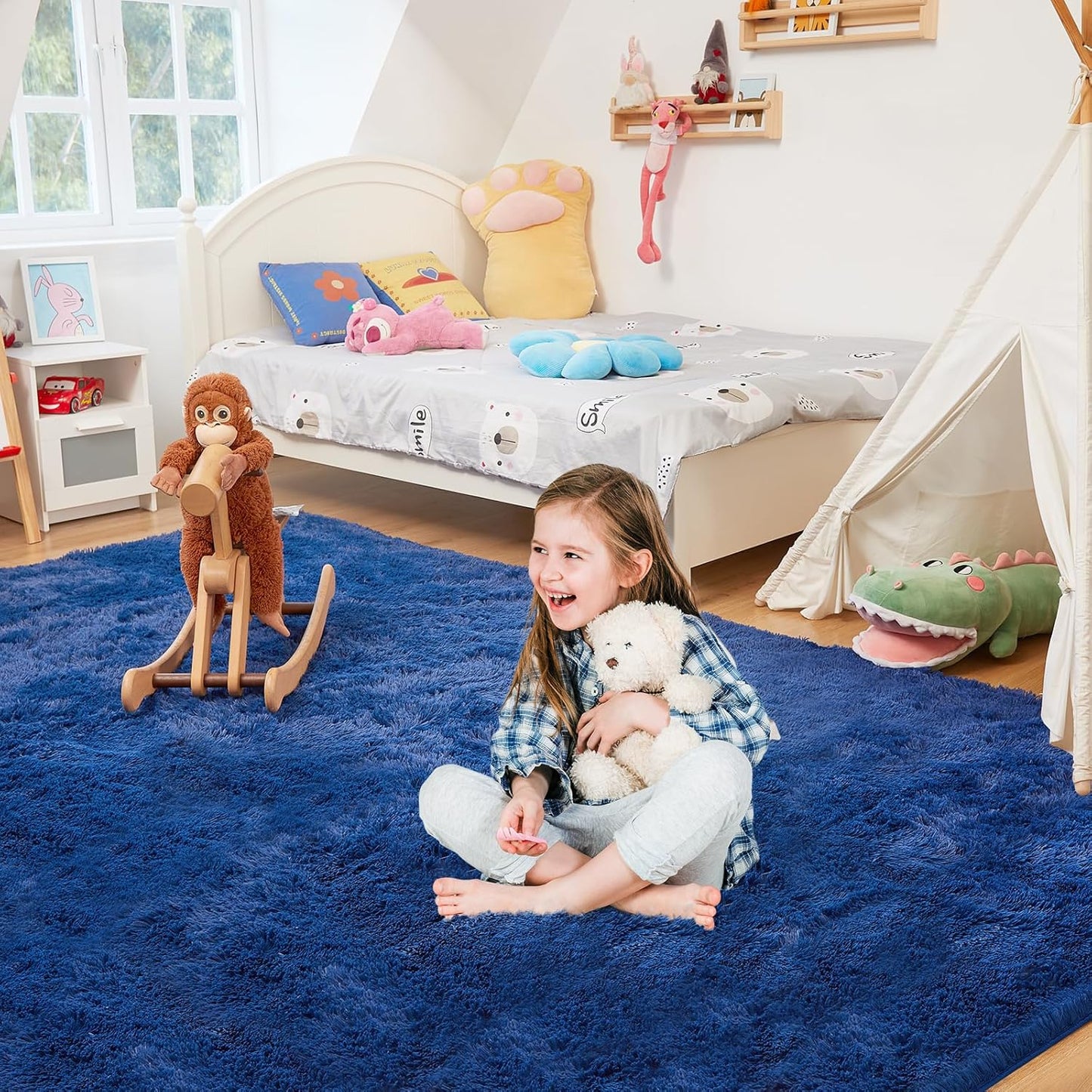 Ultra Soft Rug for Living Room, 9X12 Fluffy Shag Area Rug for Bedroom, Modern Shaggy Carpets Fuzzy Rug for Teens Dorm Nursery Home Decor Aesthetic, Upgrade Anti-Skid Durable, Blue