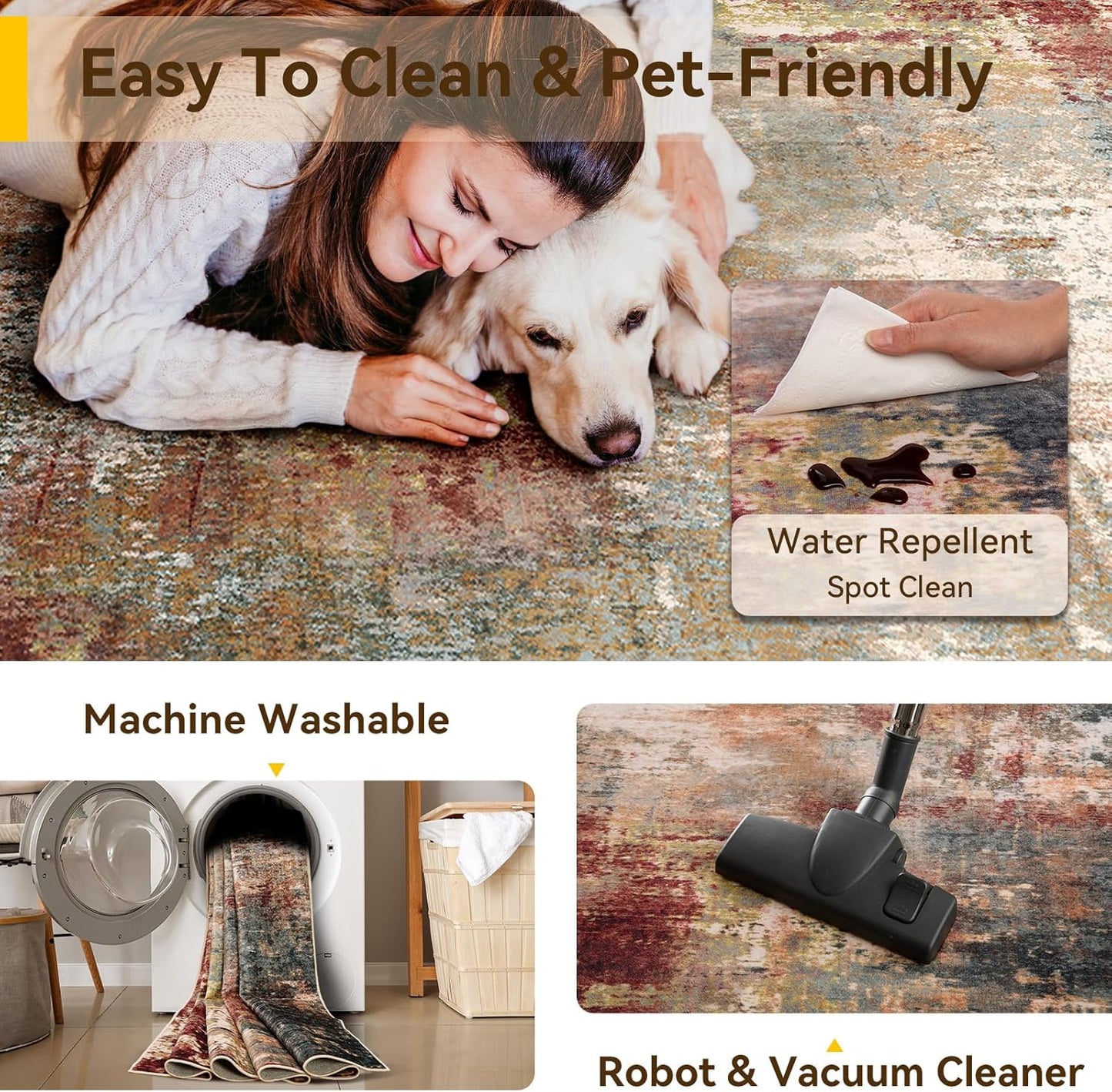 Washable Area Rugs 6'x9' Non-Slip Modern Abstract Soft for Living Room Entryway Bedroom Nursery, Print Pattern, Brown Rust Red Multi