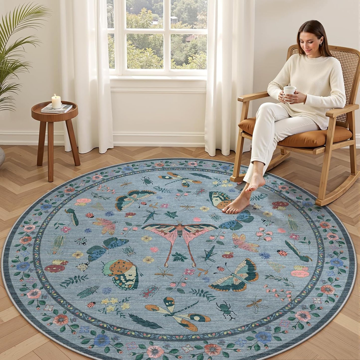 6ft Washable Round Rug - Bug Rugs for Living Room Non-Slip Low Pile Soft Ultra-Thin Machine Washable Circle Carpet for Bedroom, Entryway, Nursery, Kitchen, Home Office (6' Round Blue)