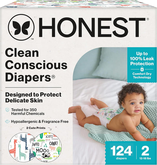 The Honest Company Clean Conscious Diapers for Delicate Skin | Up to 100% Leakproof | Hypoallergenic, Fragrance Free | Gender Neutral | Super Club Box, Size 2 (12-18 lbs), 124 Count (Prints May Vary)