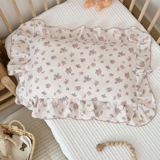 BuLuTu Chic Floral Themed Toddler Pillowcases with Ruffles, 100% Cotton Muslin Pillow Cases Crib Size Pillow Cover with Tuberose Flower Print, 14"x20", Children Bedding Gift