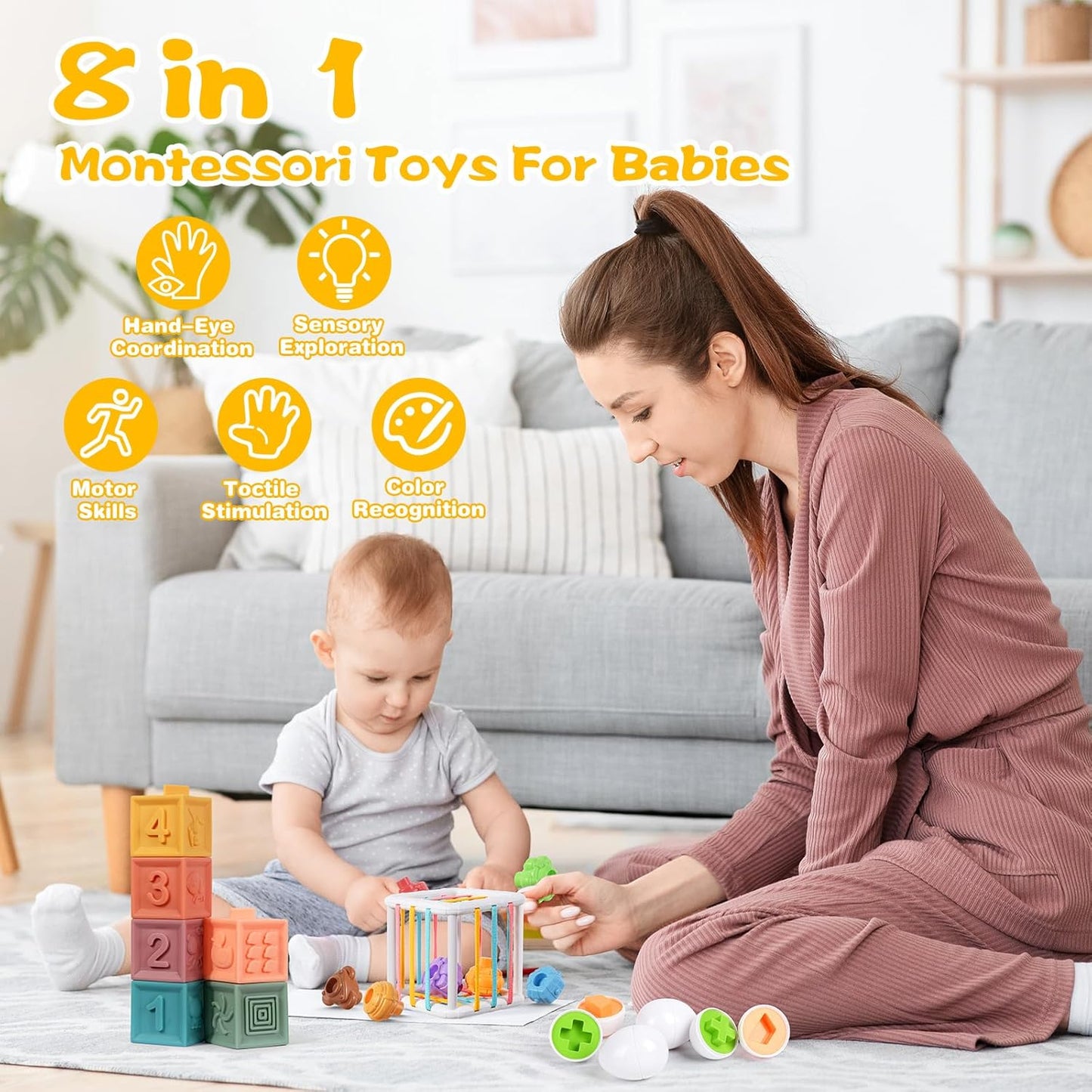 Montessori Toys for Babies 6-12 Months, 8 in 1 Soft Sensory Toddler Bath Toys for Babies, Montessori for 1 Year Old