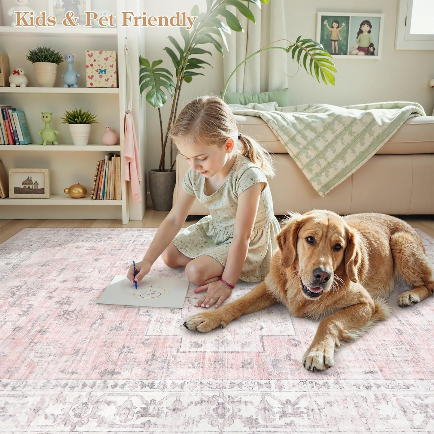 LIVEBOX Pink 9x12 Area Rug for Bedroom Girls, Boho Washable Rugs for Living Room Nursery, Non-Slip Indoor Soft Carpet Low-Pile Farmhouse Carpets for Dining Room Kids Playroom, Pink