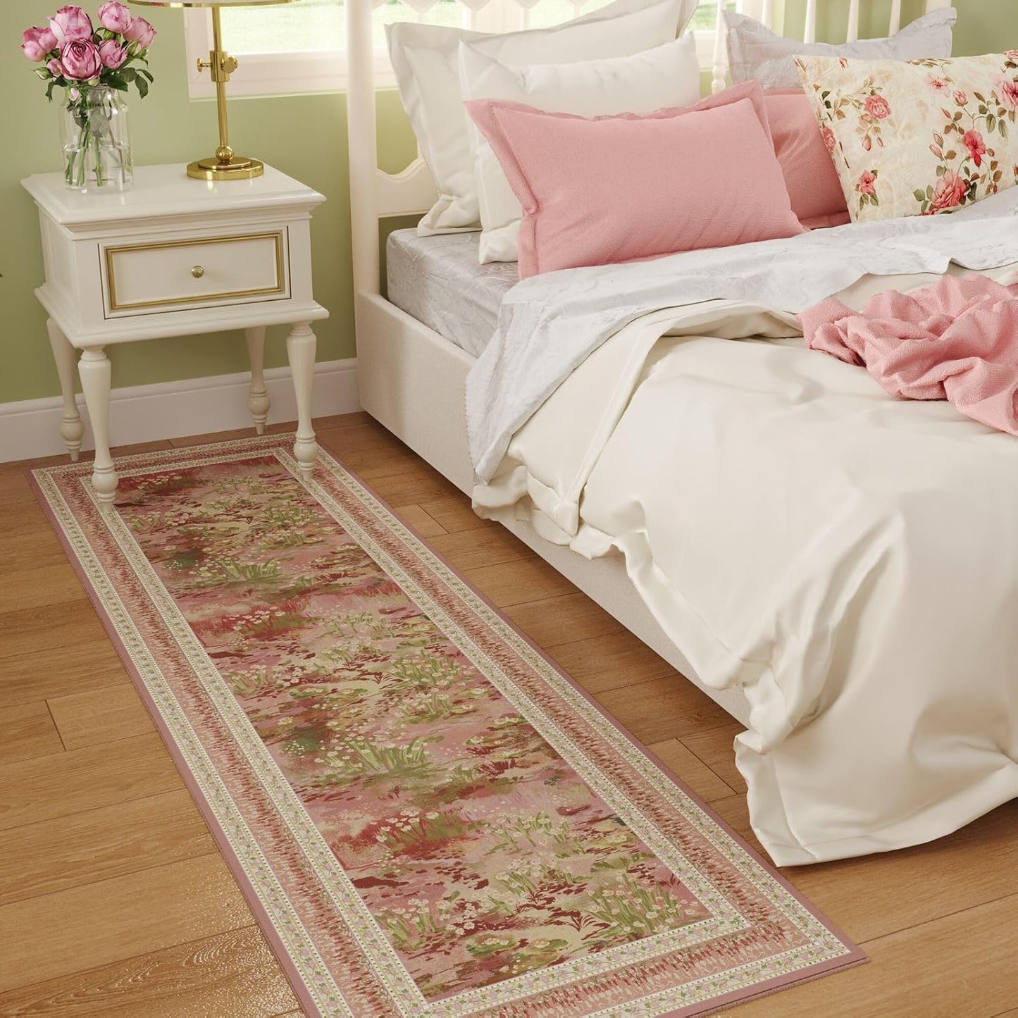 2x6 Runner Rug Impressionist-Style Vintage Kitchen Rugs Non Slip Washable Soft Carpet Runner for Kitchen Laundry Bedroom Bathroom, Pink