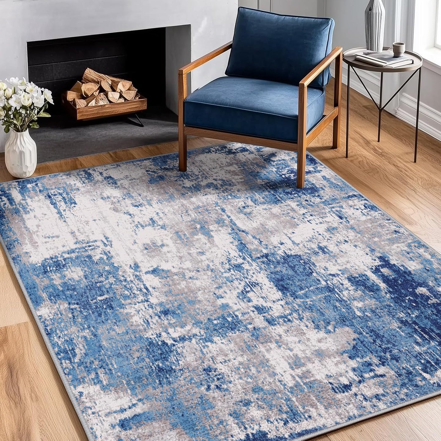 Washable Area Rugs 2'x3' Non-Slip Modern Abstract Soft for Living Room Entryway Bedroom Nursery, Print Pattern, Blue Grey Navy Gray