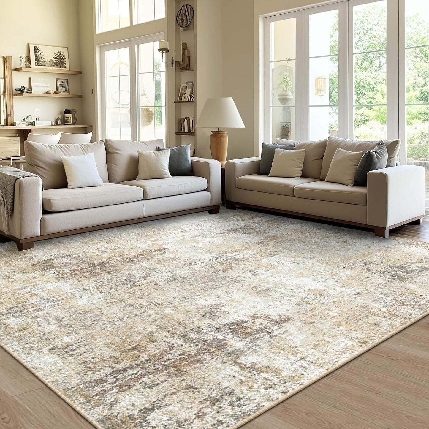 Washable Area Rugs 5'x7' Non-Slip Modern Abstract Soft for Living Room Entryway Bedroom Nursery, Print Pattern, Neutral Brown Gray