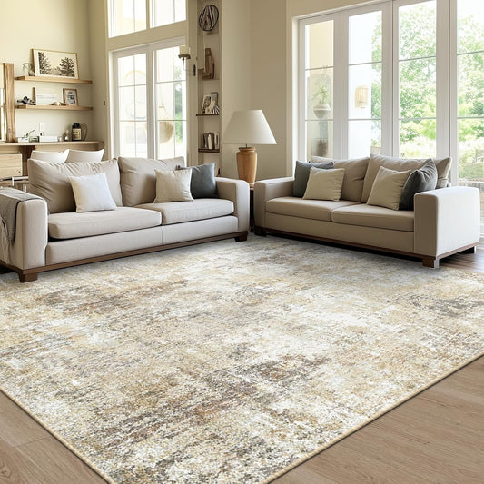 Washable Area Rugs 9'x12' Non-Slip Modern Abstract Soft for Living Room Entryway Bedroom Nursery, Print Pattern, Neutral Brown Gray