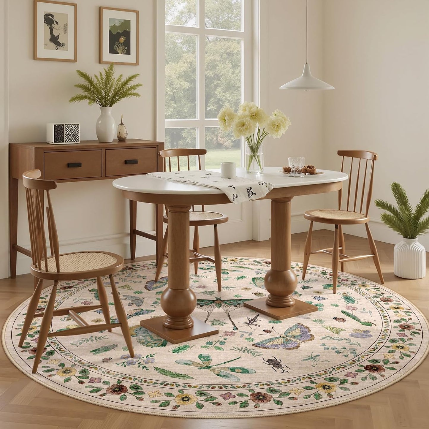 4ft Washable Round Rug - Bug Rugs for Living Room Non-Slip Low Pile Soft Ultra-Thin Machine Washable Circle Carpet for Bedroom, Entryway, Nursery, Kitchen, Home Office (4' Round Beige)