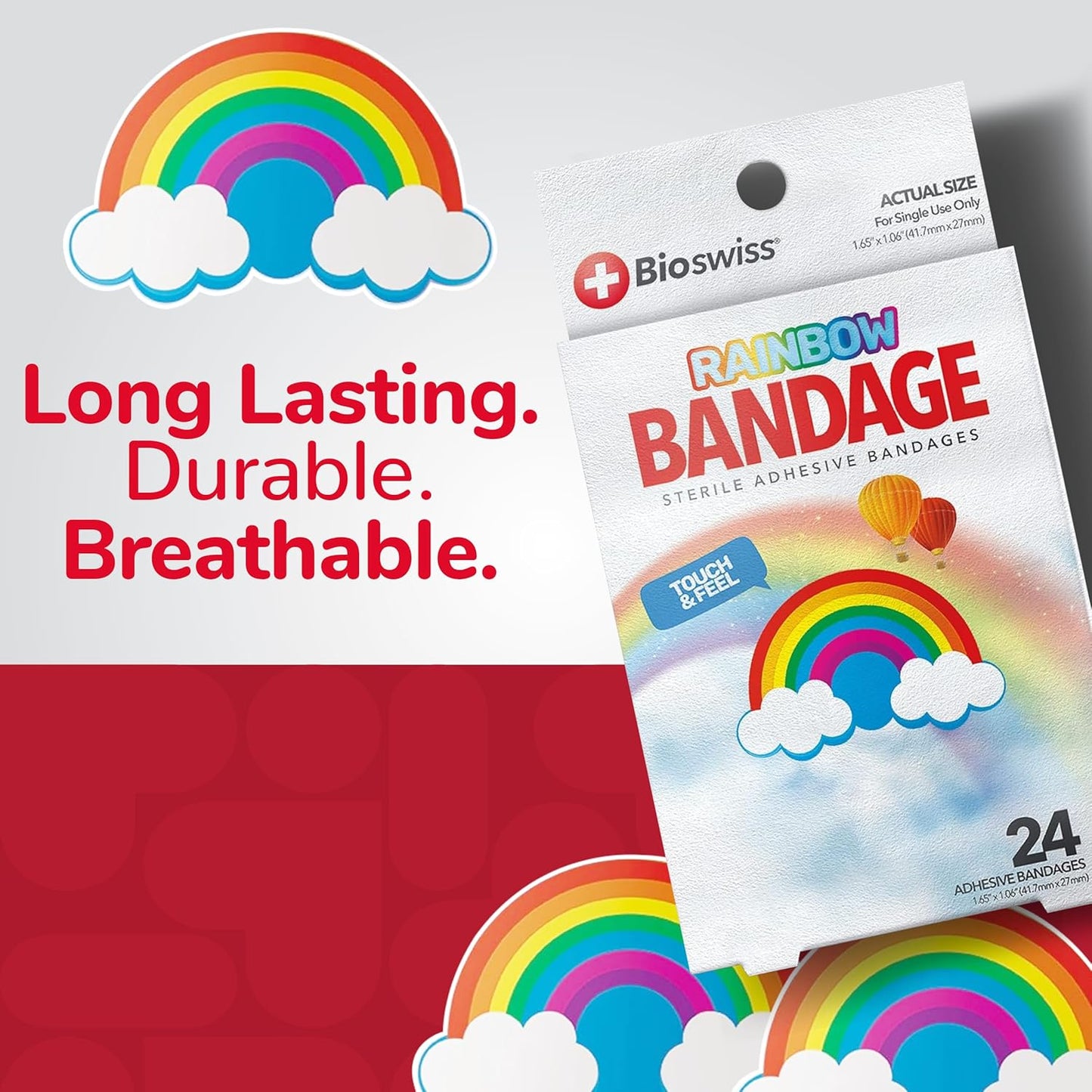 BioSwiss Bandages, Rainbow Shaped Self Adhesive Bandage, Latex Free Sterile Wound Care, Fun First Aid Kit Supplies for Kids, 24 Count