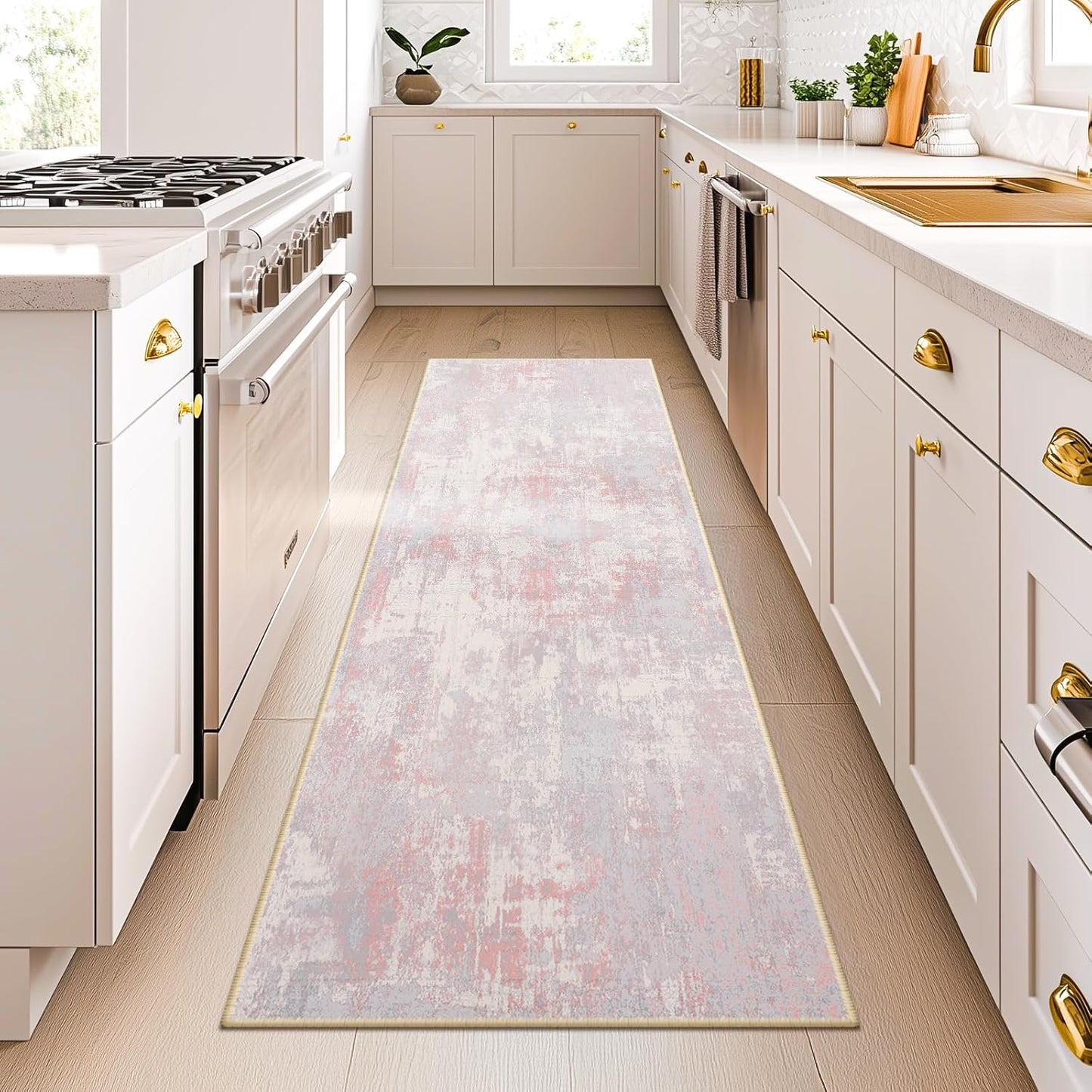 Washable Area Rugs 2'x6' Non-Slip Modern Abstract Soft for Living Room Entryway Bedroom Nursery, Print Pattern, Grey Pink