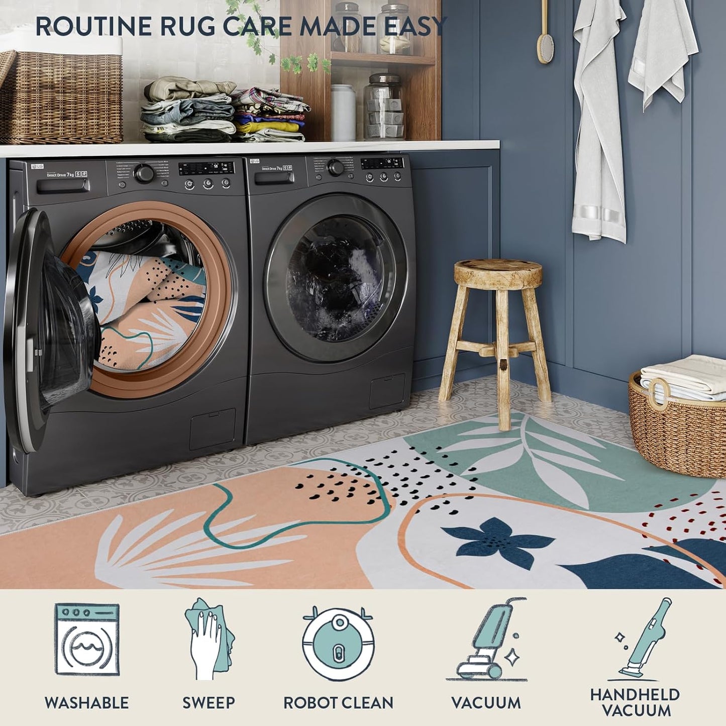 Lahome Washable Area Rug 5x7 - Non-Slip Soft Carpet for Bedroom Ultra-Thin Stain Resistant Rug for Living Room Throw Cute Kids Nursery Rug, Boho Botanical Print Indoor Rugs for Entryway Office