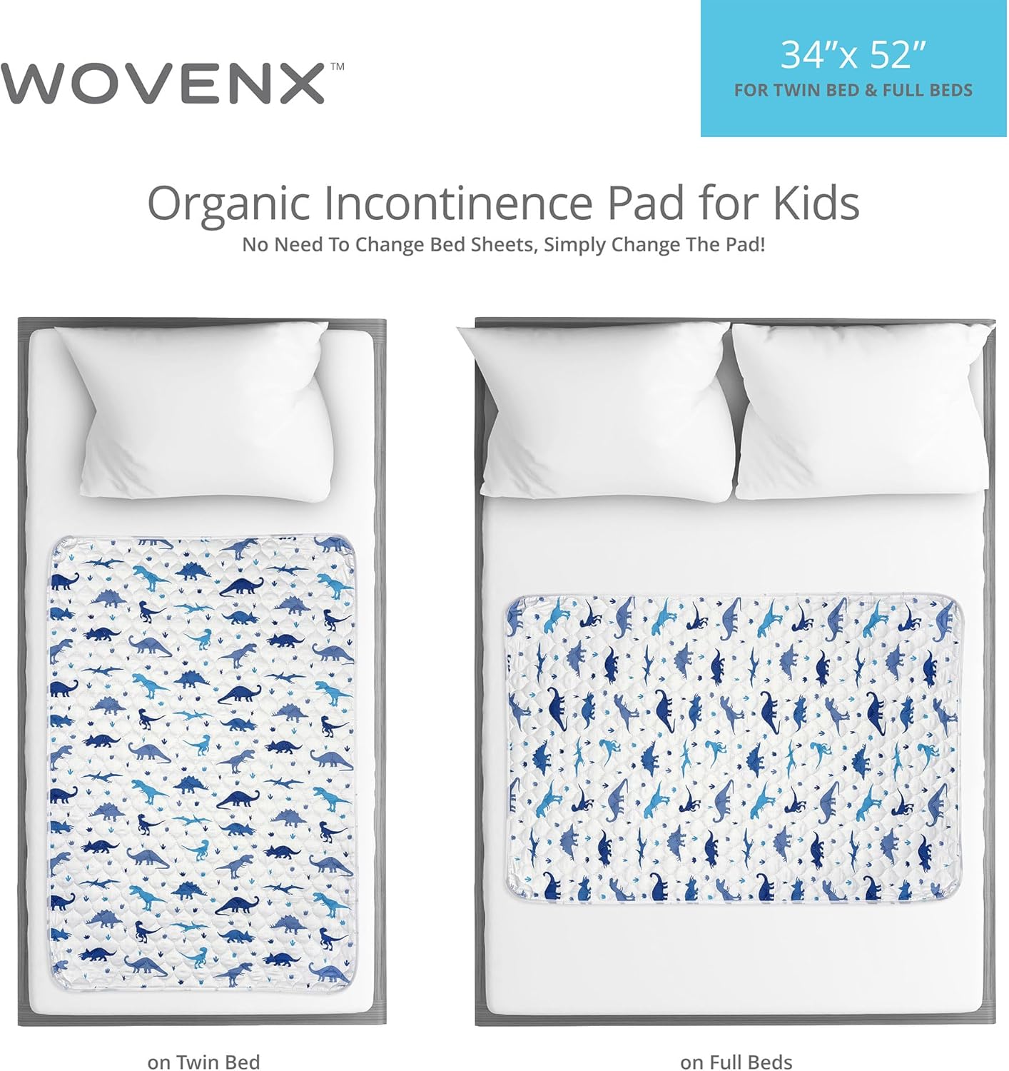 Organic Incontinence Pads for Kids & Toddlers - 5 Layer Waterproof Protectors for Overnight Bed Wetting - Reusable & Washable Pee Pads - Fits Twin to Full Size Beds - 34" x 52" Dinosaur