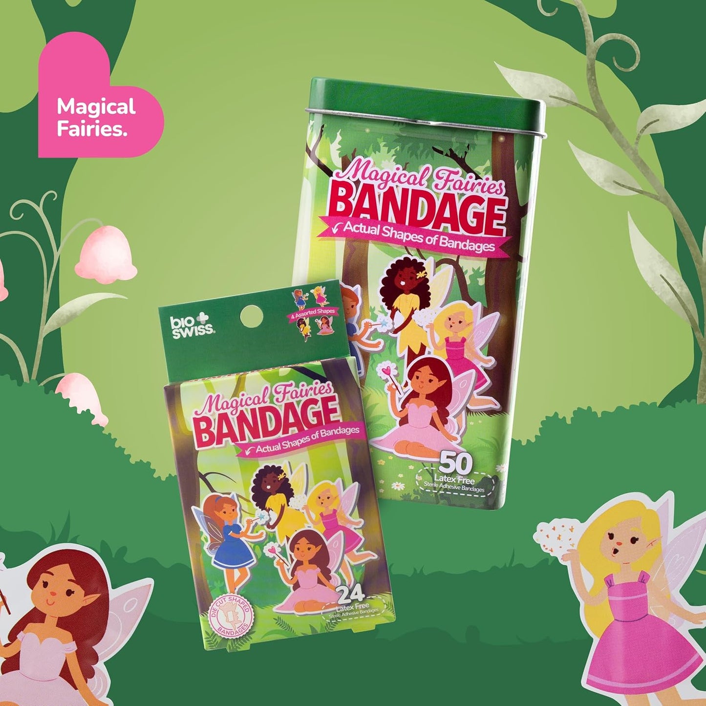 BioSwiss Bandages, Magical Fairies Shaped Self Adhesive Bandage, Latex Free Sterile Wound Care, Fun First Aid Kit Supplies for Kids and Adults, 24 Count