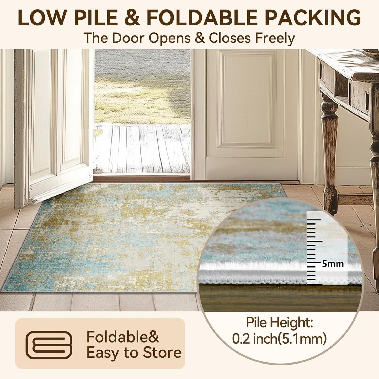Washable Area Rugs 9'x12' Non-Slip Modern Abstract Soft for Living Room Entryway Bedroom Nursery, Print Pattern, Teal Blue Taupe