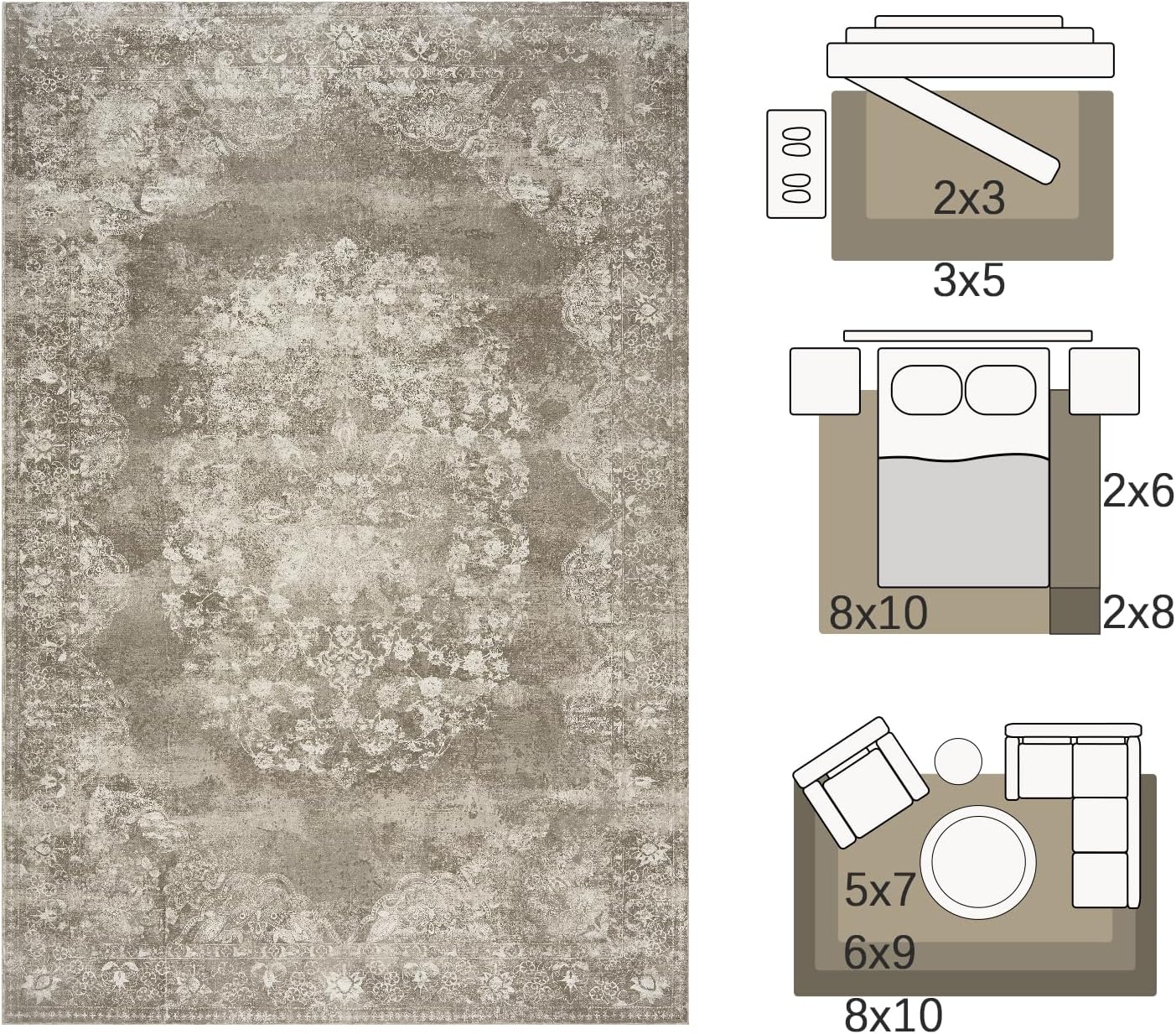 jinchan Washable Area Rug 3x5 Entryway - Soft Distressed Vintage Floral Indoor Bedroom Rug Faux Wool Low Pile Small Oriental Accent Carpet for Kitchen,Entrance,Bedside,Dining Room(Brown,3'x5')